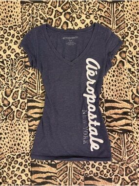 Aeropostale Navy Heather V-Neck Tee with Script Detail